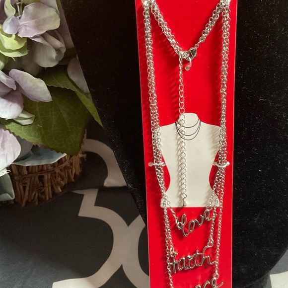 “Love Faith Peace” Multi-length Holiday Necklace NWT Silvertone - Picture 3 of 4